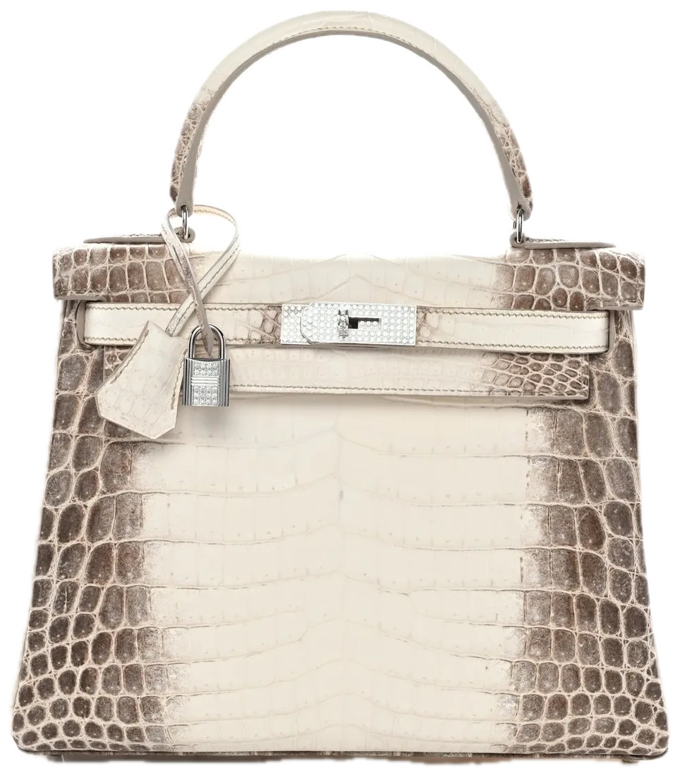 A matte white crocodile handbag with a top handle, a turn-lock flap and a padlock.